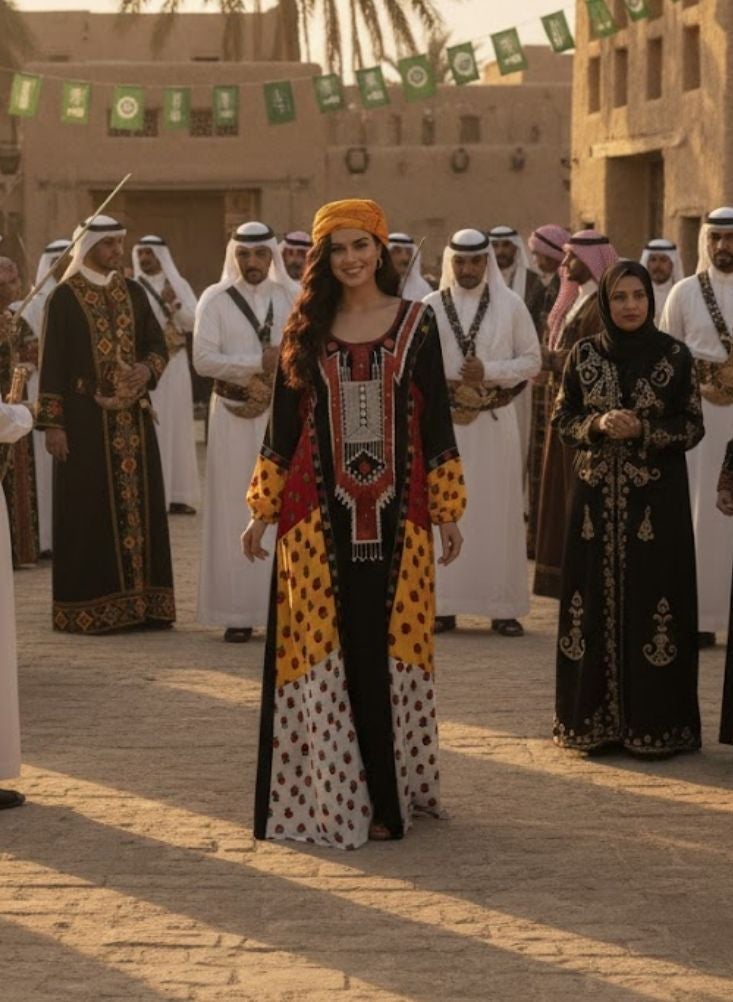 بريميم عباءة طويلة تقليدية من عسيري مع غطاء رأس متناسق، من تصميم تارها أزفر منديل عسيري - عباءة ماكسي مطبوعة بنقوش قبلية أصلية للنساء - Image 5